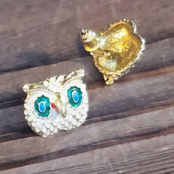 NEW Vintage Enameled Cream Green Gold Owl Earrings - Picture 5 of 8